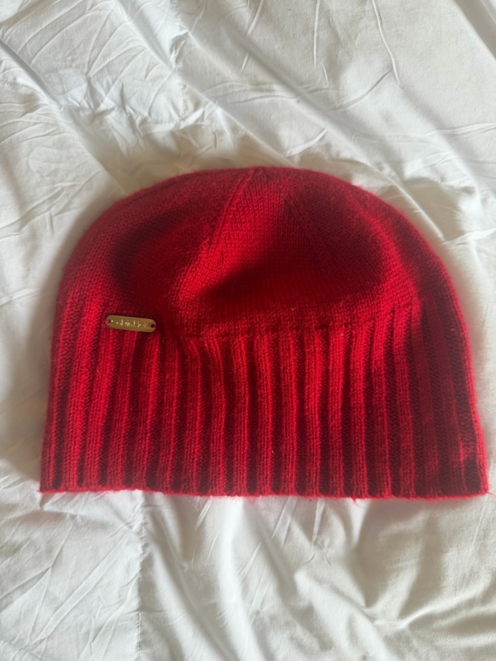 Y2K Calvin Klein Red Ribbed Knit Beanie with Gold Accent